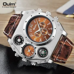 Oulm Brand New Style Mens Big Face Watches Military Dual Time Zone Sport Wrist Watch Casual Leather Strap Quartz Watches