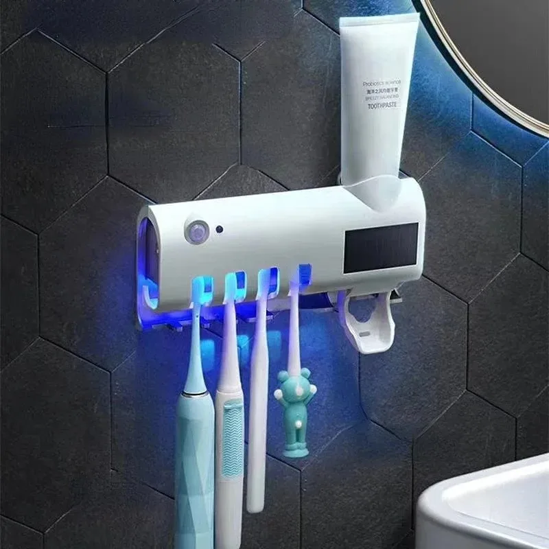 1pcs Holder Automatic Toothbrush Toothpaste Dispenser Set Dustproof Sticky Suction Wall Mounted Toothpaste Squeezer for Bathroom