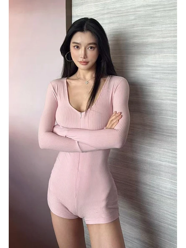 

Pink Zipper One-Piece ort Pants Women's Long Sve round Ne Bodysuit Slim Fit High Waist Straight Leg Commute Sle