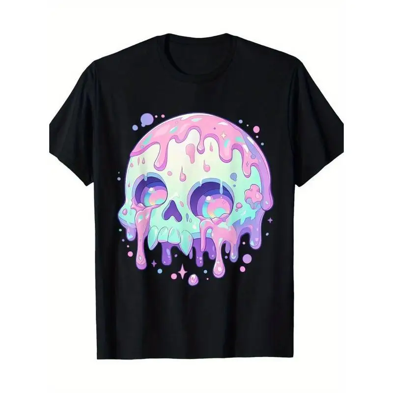 

Pastel Goth Skull T-shirt Women Kawaii Dripping Skull Graphic Tee Summer Sweet Harajuku Streetwear Y2K Aesthetic Loose Tops