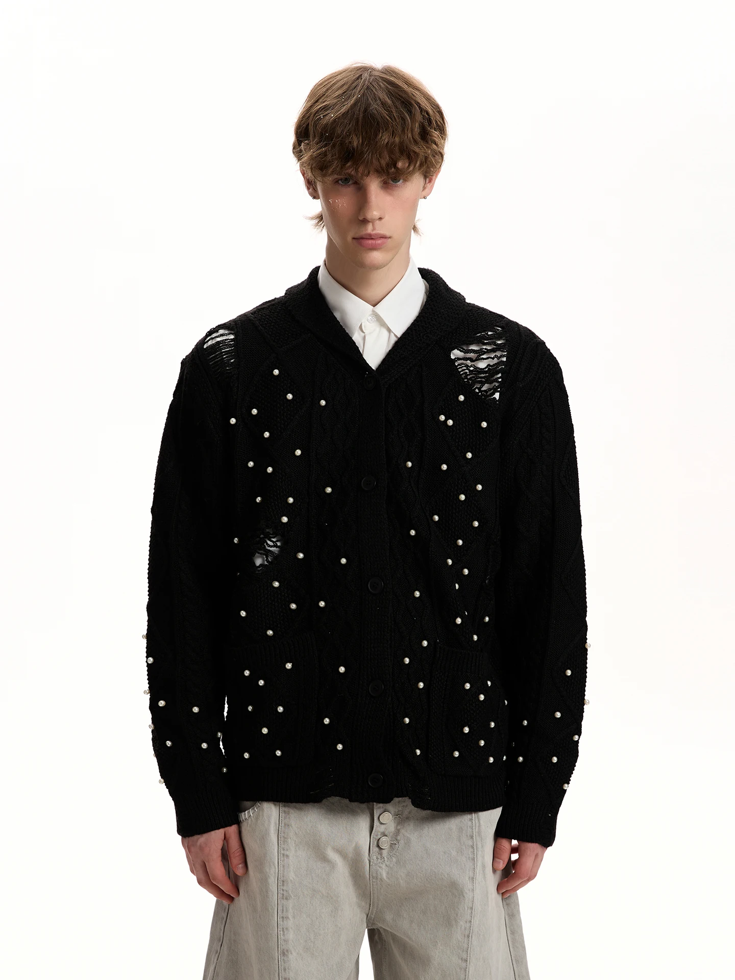 

Американский ретро-кардиган ручной работы с жемчужным воротником, вязаный, свободного кроя, с узором косы, из мягкого полиэфирного волокна, в уличном стиле Ciwalk