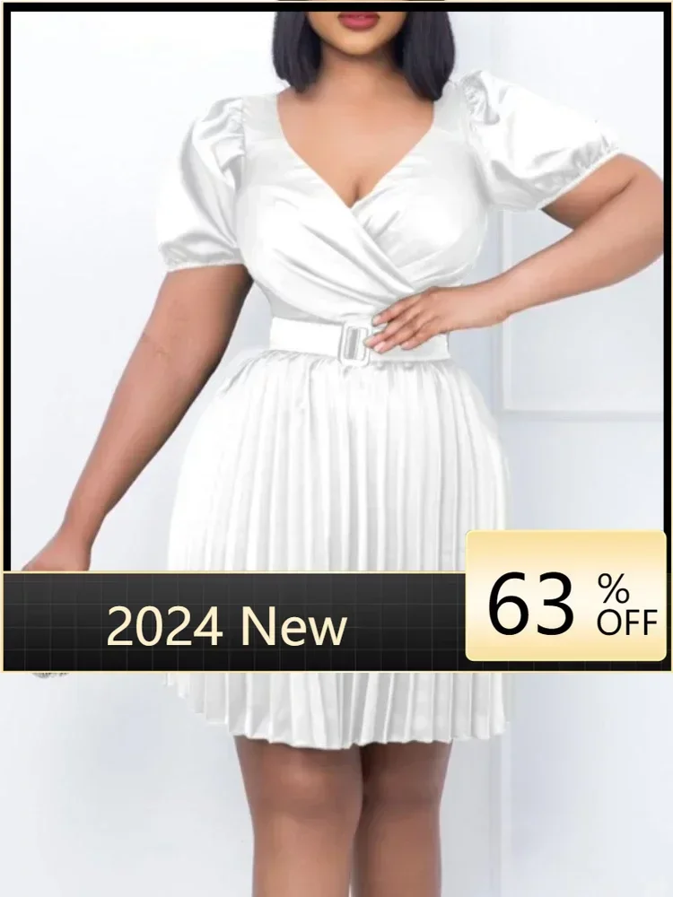 

Plus Size Summer New V-Neck Fashion Sexy Matching Belt Solid Color Temperament Slim Fit Middle Skirt Plus Size Women'S Dress