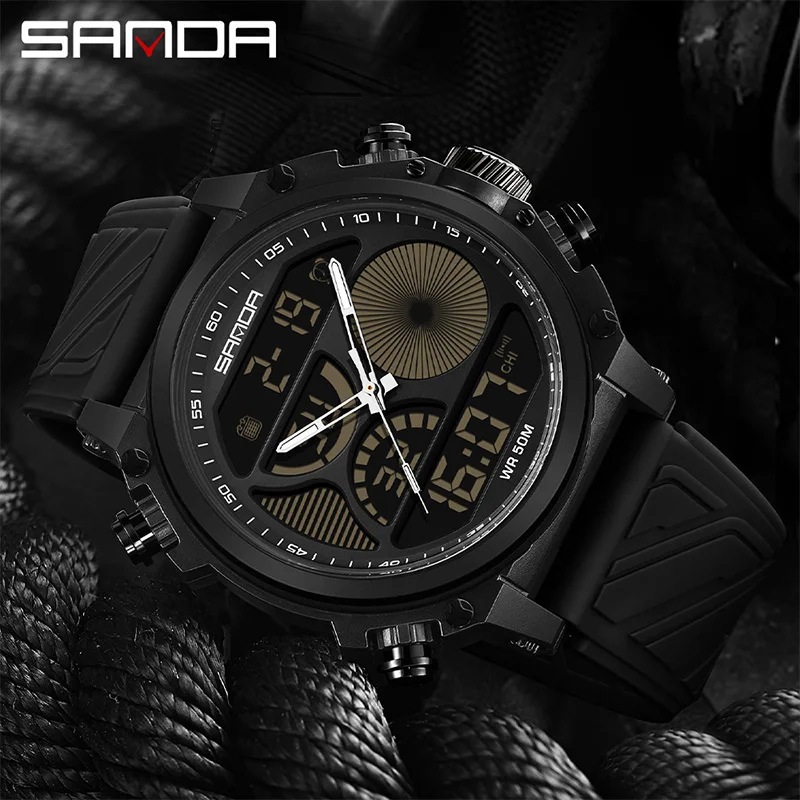 SANDA Large Dial Men's Electronic Watch Multi functional Waterproof Night Light LED Digital Calendar Men's Electronic Watch