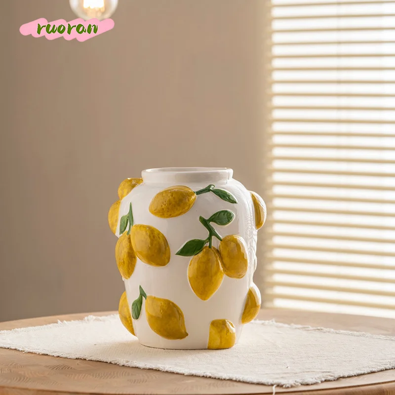 

Elegant European Style White Porcelain Lemon Relief Round Vase Large Caliber Ins Home Table Decor Ornament