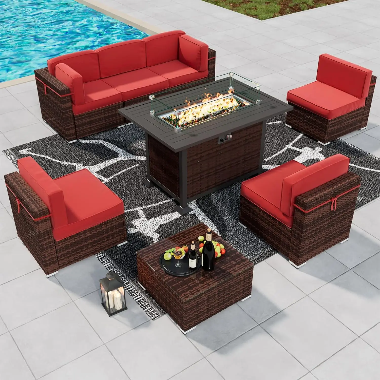 Patio Furniture Sets with Fire Pit Table PE Rattan Outdoor  Sectional w/Waterproof Covers for Patio Back Deck, Balcany Poolside