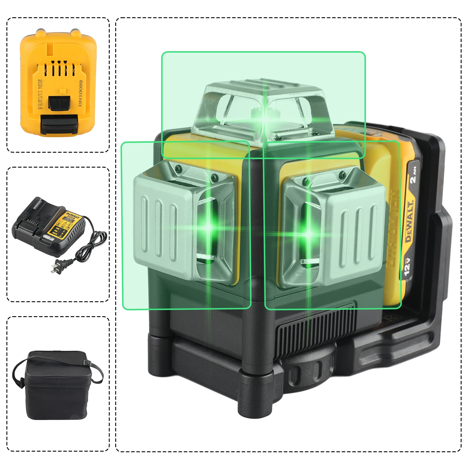 DEWALT DW089LG 12 Lines Green Laser Level 12V Cordless 3x360° with Magnetic Mount for Outdoor Leveling Tasks