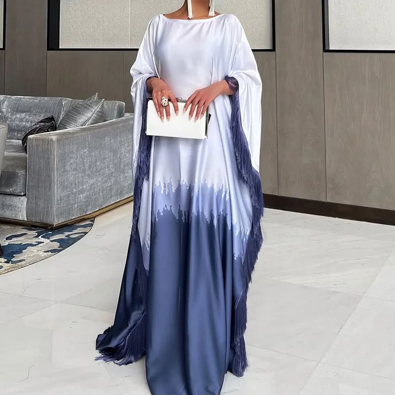 Fashion O-neck Tassels Patchwork Robe Dress Elegant Gradient Print Loose Long Dress Women\'s Casual Batwing Sleeve Party Dresses