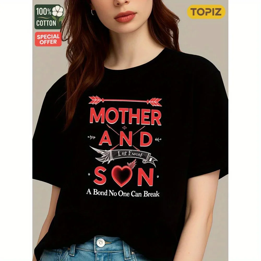 

Women's T-Shirt, Crew Neck Short Sleeve Casual Top, Graphic T-Shirt, Mother And Son Bond Noone ,100% Cotton, Shirt for Halloween