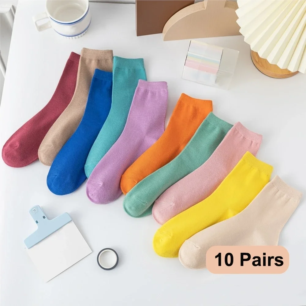 

10 Pairs/Lot New Woman Cotton Socks Men Sock Solid Color Autumn Spring For Female's Soft Breathable Colorful Girl