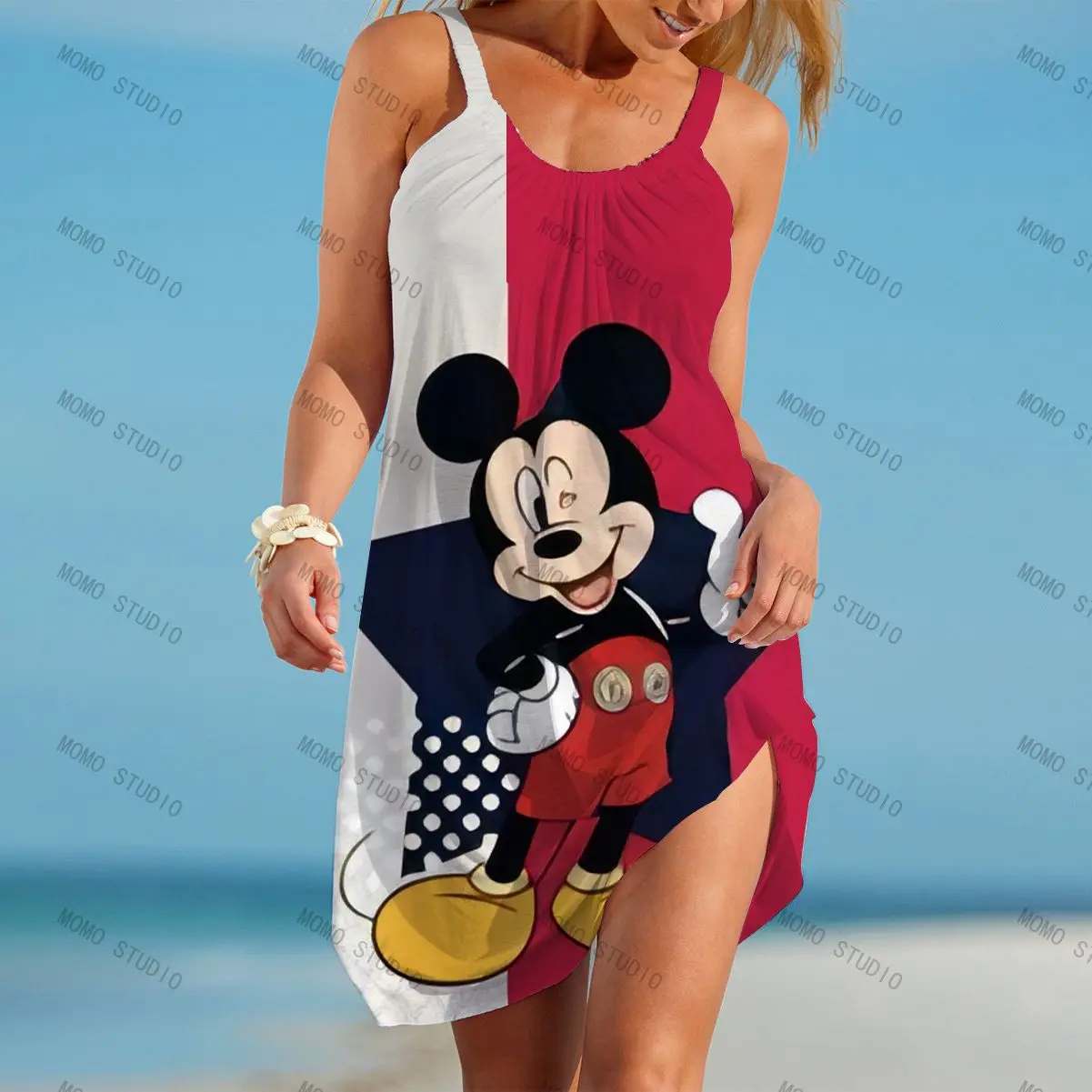 

Minnie Mouse Summer Dress Mickey Beach Boho Dresses for Women 2022 Cartoon Sexy Woman Sling Kawaii Disney Elegant Loose Party