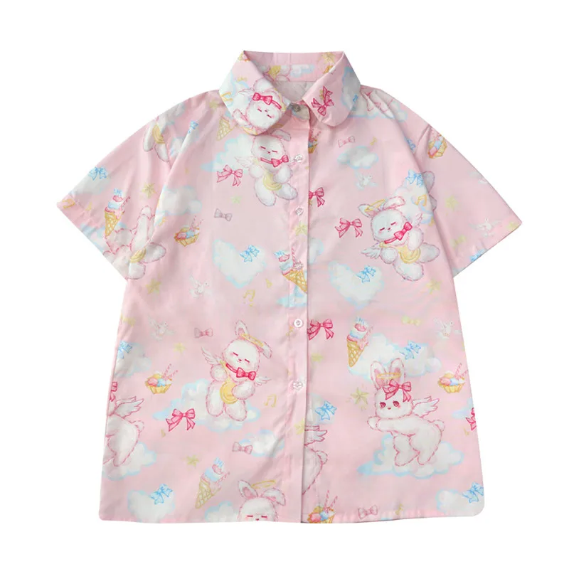 Japanese Soft Girl Style Kawaii Rabbit Printed Tops Lolita Sweet Vintage Pink Blouses Korean College Cute Loose Chiffon Shirts