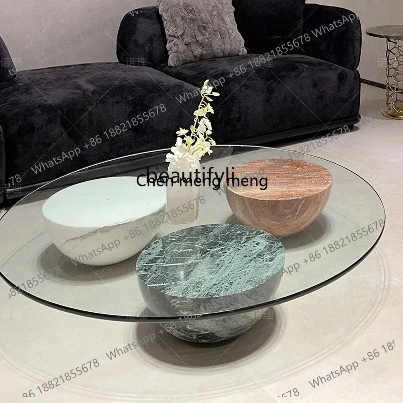 

Y183FF cqyNatural marble Nordic, personalized geometric designer glass round coffee table living room coffee table