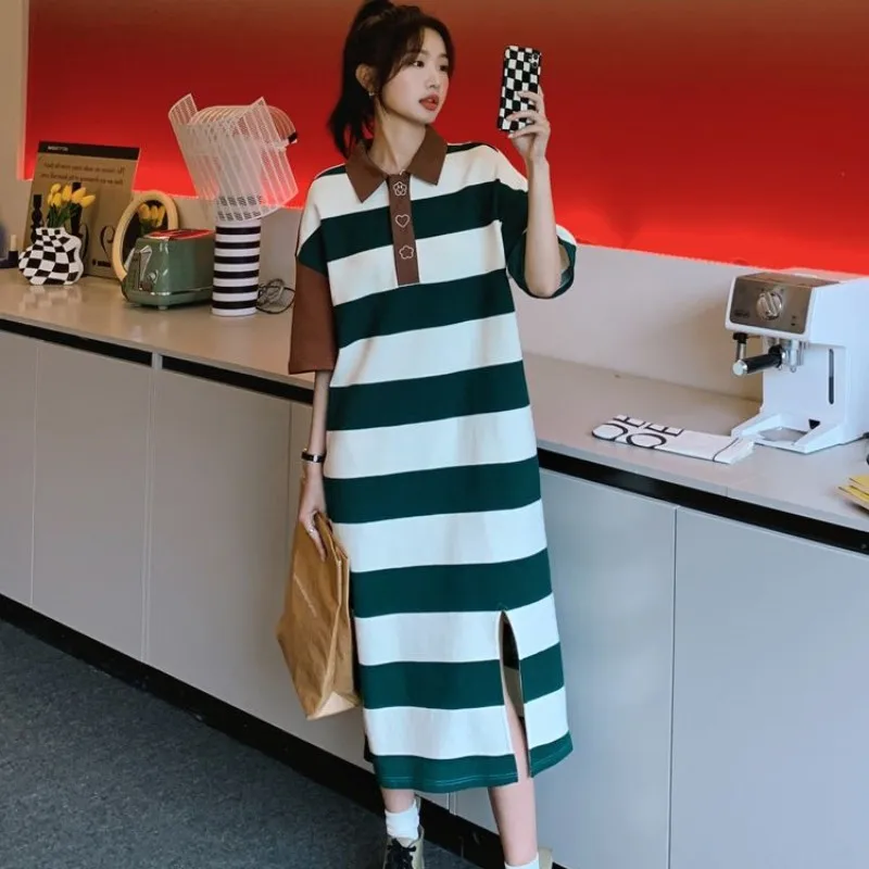 Été nouveau col à rayures pour femmes ort Sve Dr Ele Design décontracté Faion t-shirt Long Dr Maxi Dr