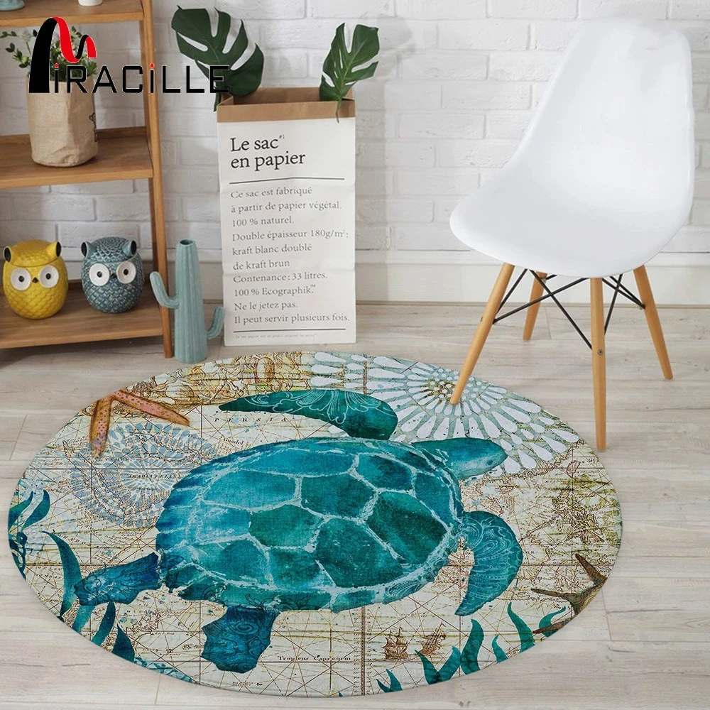 Sea Turtle Ocean Animal Round Carpet Marine Life Rugs Underwater World Floor Mat Living Room Bedroom Dorm Home Decor Chair Mat