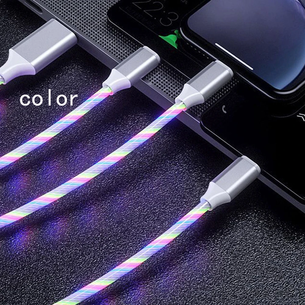 كابل شحن متعدد USB عالمي متدفق LED مضيء للهاتف ، واجهة لتفاح ، نوع C ، USB صغير ، موصل شاحن ، 3 في 1