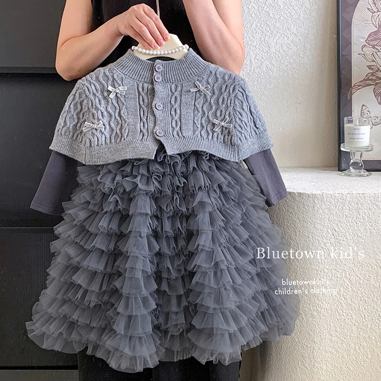 

Girls Suit 2025 Autumn New Children's Clothing Girls Baby Fashion Base Dress Bow Knot Cape Two Piece Casual Simple Daily