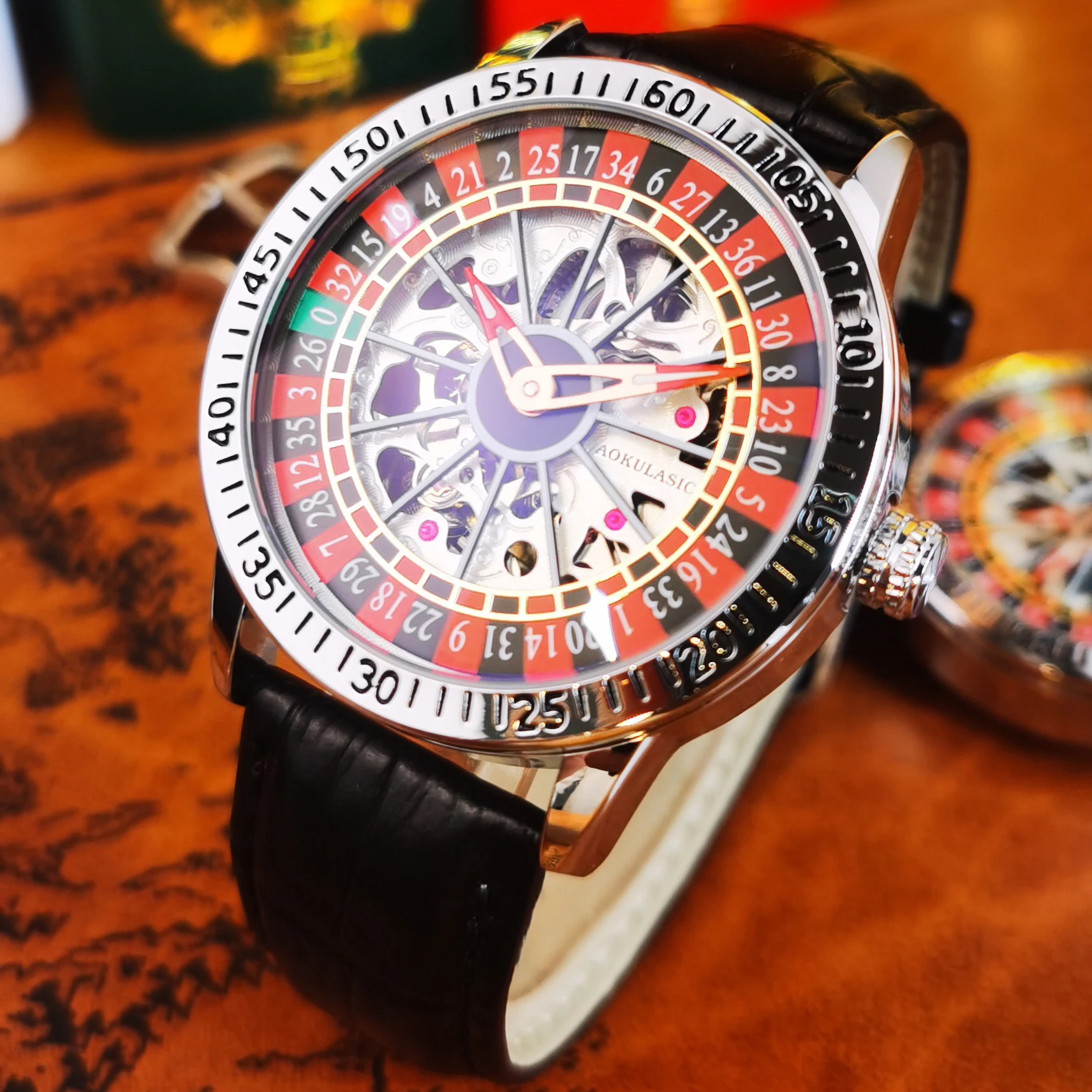 AOKULASIC Luxury Mechanical Watch for Men Rotating Skeleton Dial Design Fashion Automatic Watches Leather Steel Strap Wristwatch