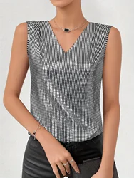 Silver Plaid Contrast Sequin V Neck Tank Top, Elegant Sleeveless Tank Top For Summer, Women's Clothing