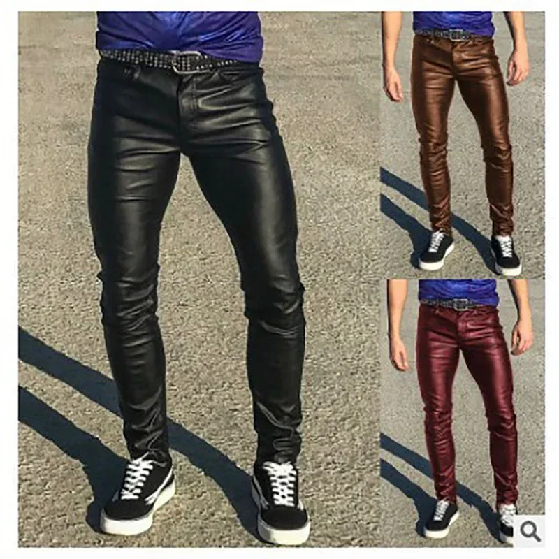 

Men's Leather Motorcycle Pants Punk style, Black, PU Pants perform , Men Trousers Big Size S-5XL