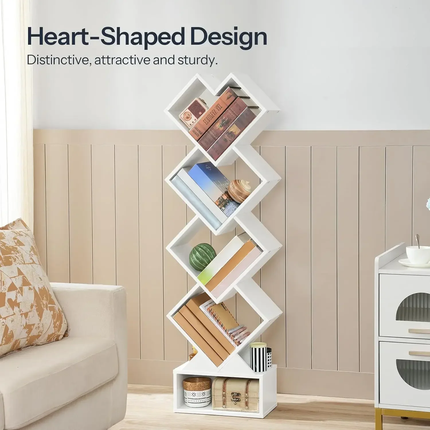 5-Tier Tree Bookshelf, Heart Shaped Floor Standing Book Storage Rack for CDs in Small Space, Modern Bookcase, Wooden Shel