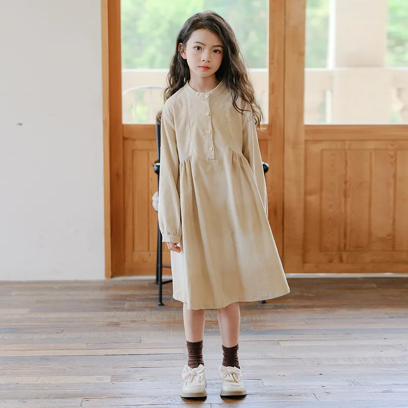 

2024 Autumn Winter Junior Girl Corduroy Dress Children Girl O-neck Single-breasted Long Sleeve Dress School Girl Casual Dress