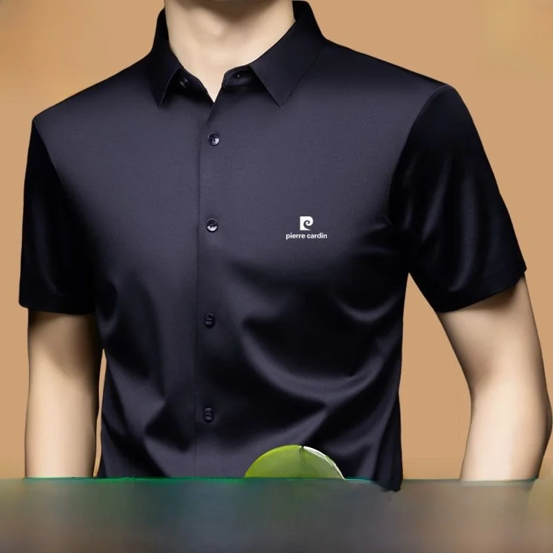 Pierre Cardin Men's Silk Short Sleeve Shirt Casual Summer New Style Pure Color Seamless Business Leisure Fashion City Cotton ...
