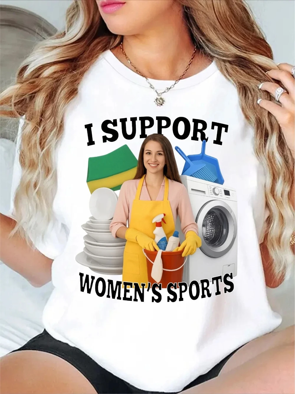 I Support Women's Sports T-Shirt Funny Housewife Cleaning Washing Meme Tee Graphic Short Sleeve Casual Crew Neck T Shirt