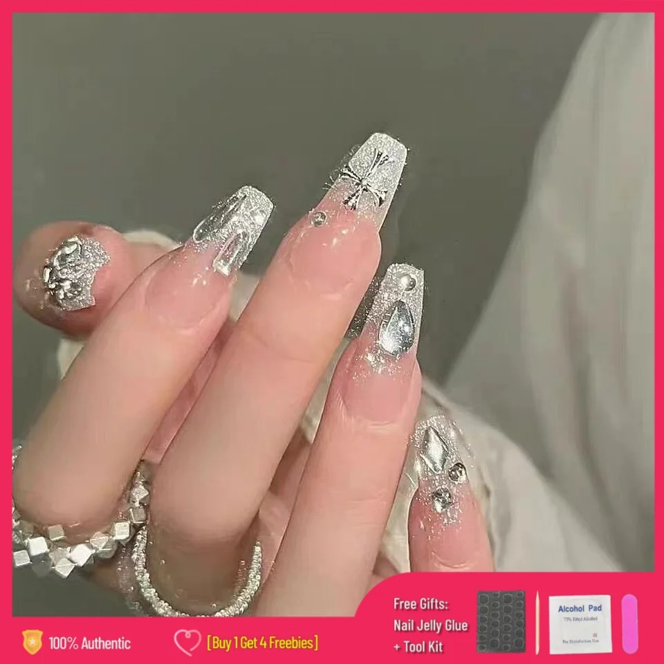 【Pegamento de gelatina gratis + regalo】 24 unids/set uñas postizas para decoración de uñas con diamantes brillo rosa plateado usando puntas de uñas postizas reutilizables