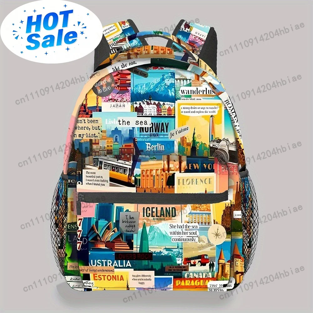 CUTEHSJ Sac à dos de grande capacité - Sac à dos imprimé avec des motifs de cartes du monde, de New York, de Londres et de Tokyo - Sac à dos léger pour les voyages