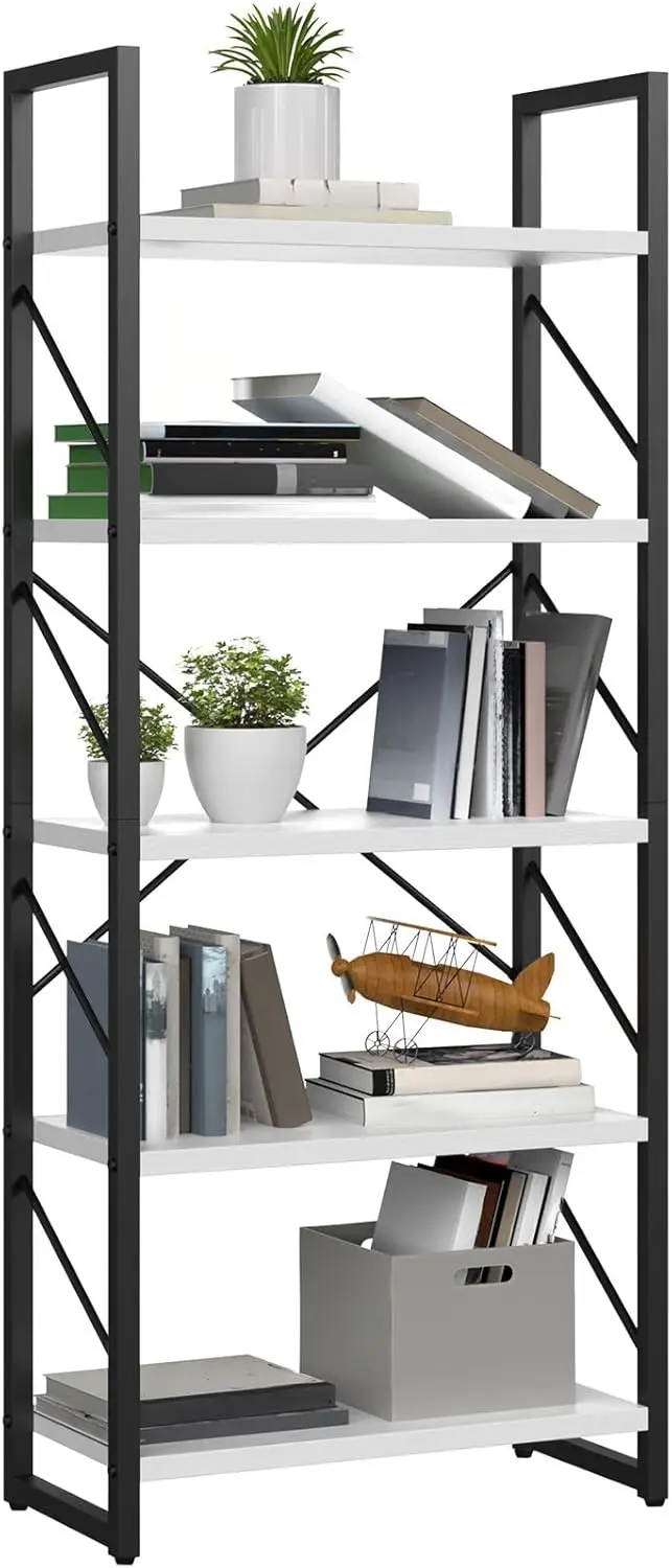 

5-Tier White Bookshelf, Modern Storage Rack for Books & Movies – Living Room, Office, Home