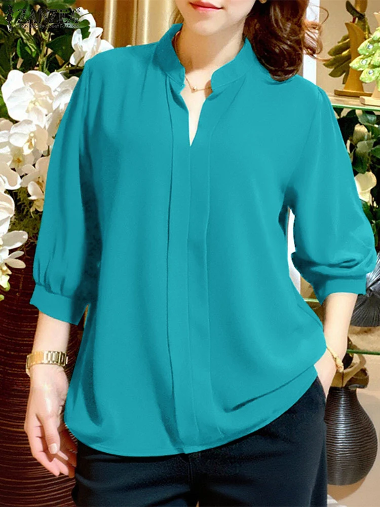 

ZANZEA Casual Solid Color Blouse Women V-Neck Fashion Tops 2025 Summer 3/4 Sleeve Loose Elegant OL Office Lady Shirts Streetwear