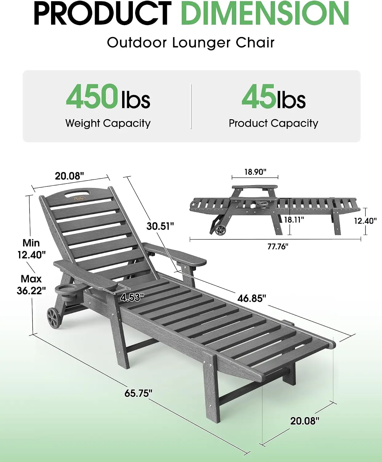 ^Chaise Lounge Outdoor, Lounge Chair Outdoor with Wood Texture, Adjustable 5-Position Backrest, HDPE Lounge Chair with Wheels