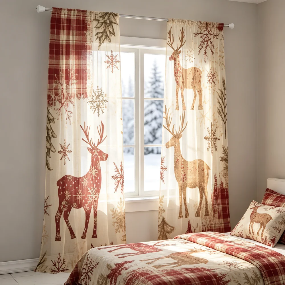2PCS Christmas Curtains, Red Green Plaid Deer Print, Bedroom Living Room Window Drapes, Rod Pocket Polyester, Home Decor