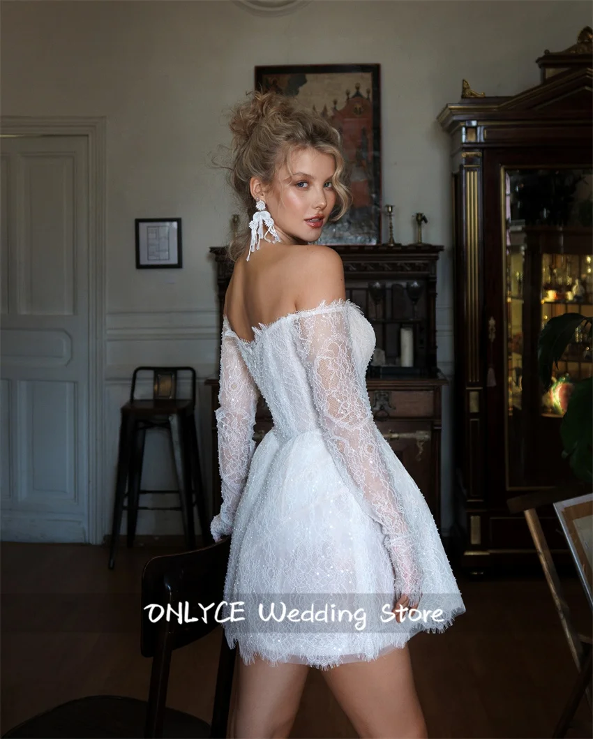 جديد فاخر الدانتيل فستان الزفاف البسيط مثير الحبيب كم طويل زي العرائس خط قصير المشاركة حفلة موسيقية فستان مخصص