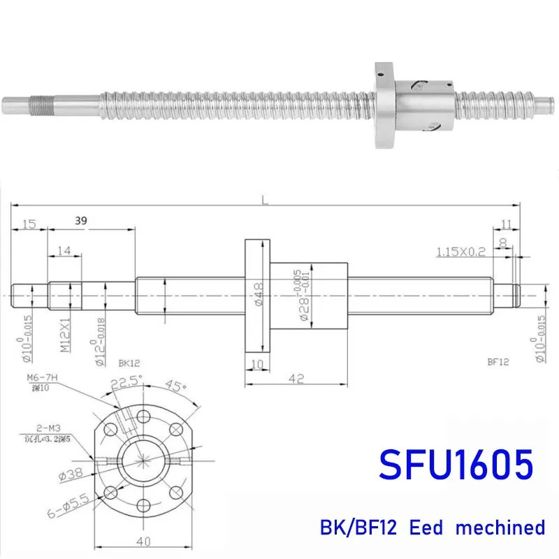 Śruba kulowa CNC C5 1605 Kołnierz Pojedyncza nakrętka kulowa BK/BF12 RM1605 Obrabiana końcówka CNC SFU1605 200 250 300 350 400 450 500 550 1200 mm