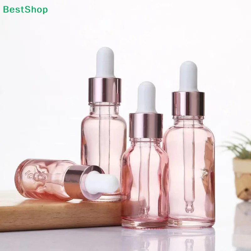 ♥ ❀ Frascos de Vidro Rosa com Conta-gotas de 5ml-100ml, Recipientes Vazios Recarregáveis com Tampa Dourada Rosa para Óleos Essenciais, Séruns e Cosméticos