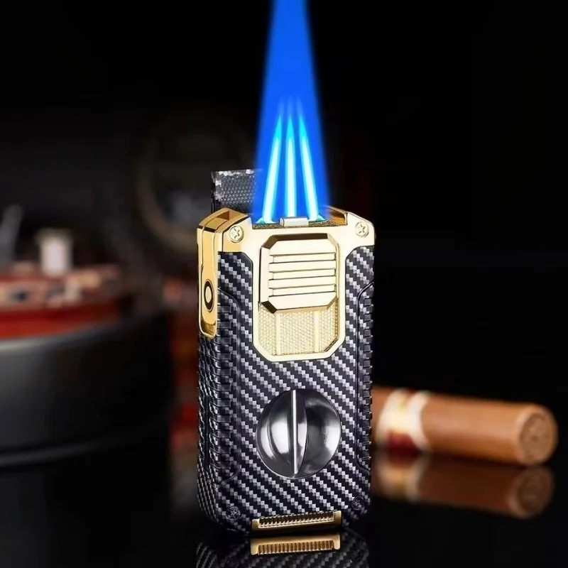 Strong Three Flame Cigar Lighter With V-shaped Cigar Cutter Bottom Cigar Drill Cigar Thru Needle Visual Gas Window Gift For Men
