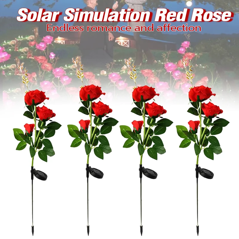 

D2 1-2Pcs Red Rose Solar Lamp Outdoor Solar Power Light Yard Artificial Flower Light for Courtyard Landscape Garden Decoration