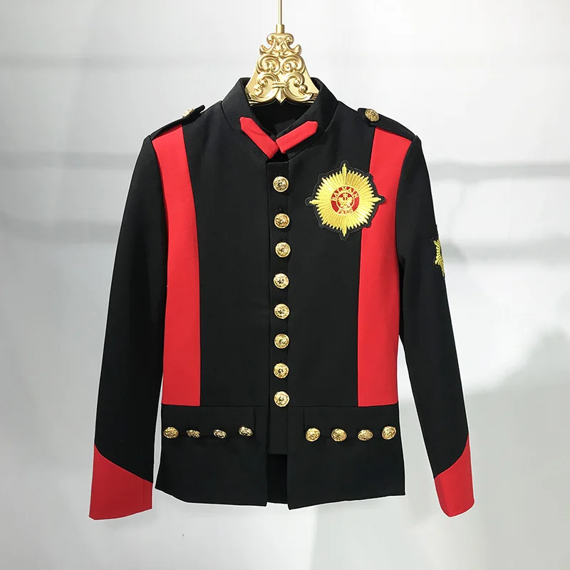 

Men's Stand Collar Jacket Red Black Embroidered Badge Splicing Casual Blazers Bar Nightclub Male Singer Host Hair Stylist Coat