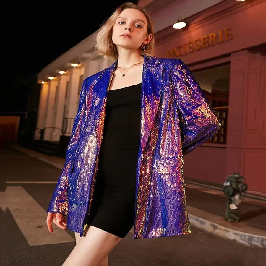 Women Gradient Color Sequins Blazer Loose Fit One Button Casual Coat Bar Stage Singer Performance Sequined Jacket Costume