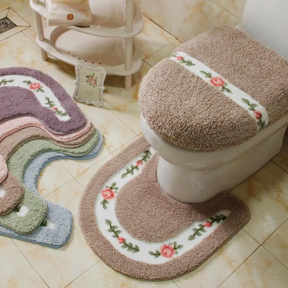 Home Living Room Bathroom Toilet Mats Set Anti Slip Rugs Bedroom Print Rug Water Absorption U Shaped Toilet Rug