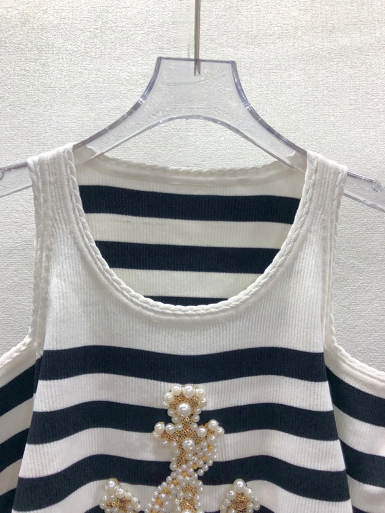 [ZOCI] Striped Off Shoulder Knit Top For Women, Navy Style Top, Pearl Black White Round Neck, Spring And Summer