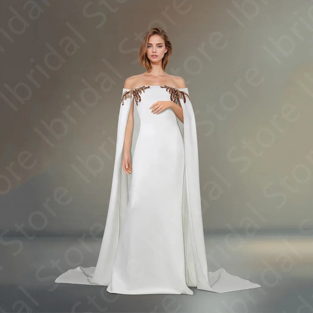 

Customized Gorgeous White Evening Dresses Arabic Prom Gowns Off Shoulder Cape Sleeves Wedding Guest Dress Middle East Back Out