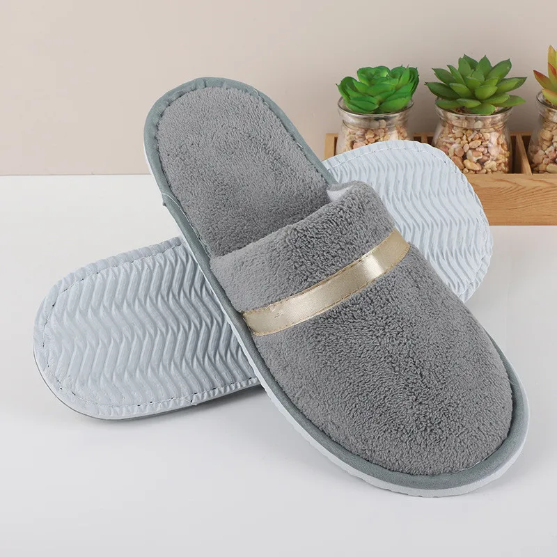 2Pairs Winter Warm Slippers Closed Toe Hotel Slippers Soft Non-slip Fluffy Slides Couple Indoor House Slippers Guest Use Sandals