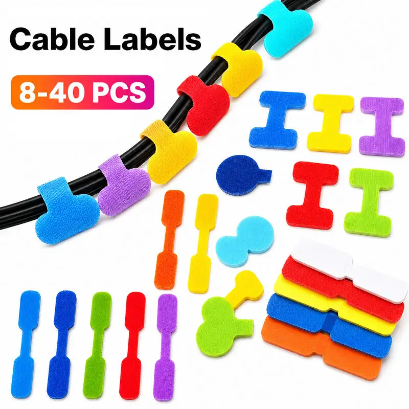 40~8Pcs Reusable Cable Labels Color-Coded Organizer Straps Data Charger Cords Management Home Office Travel