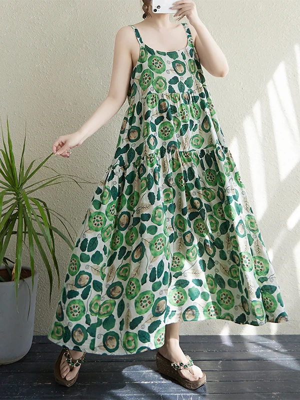 Vestido longo maxi de aodão e linho com estampa floral verde, saia godê soltinha e emaecedora, sem alças, para o verão e ...