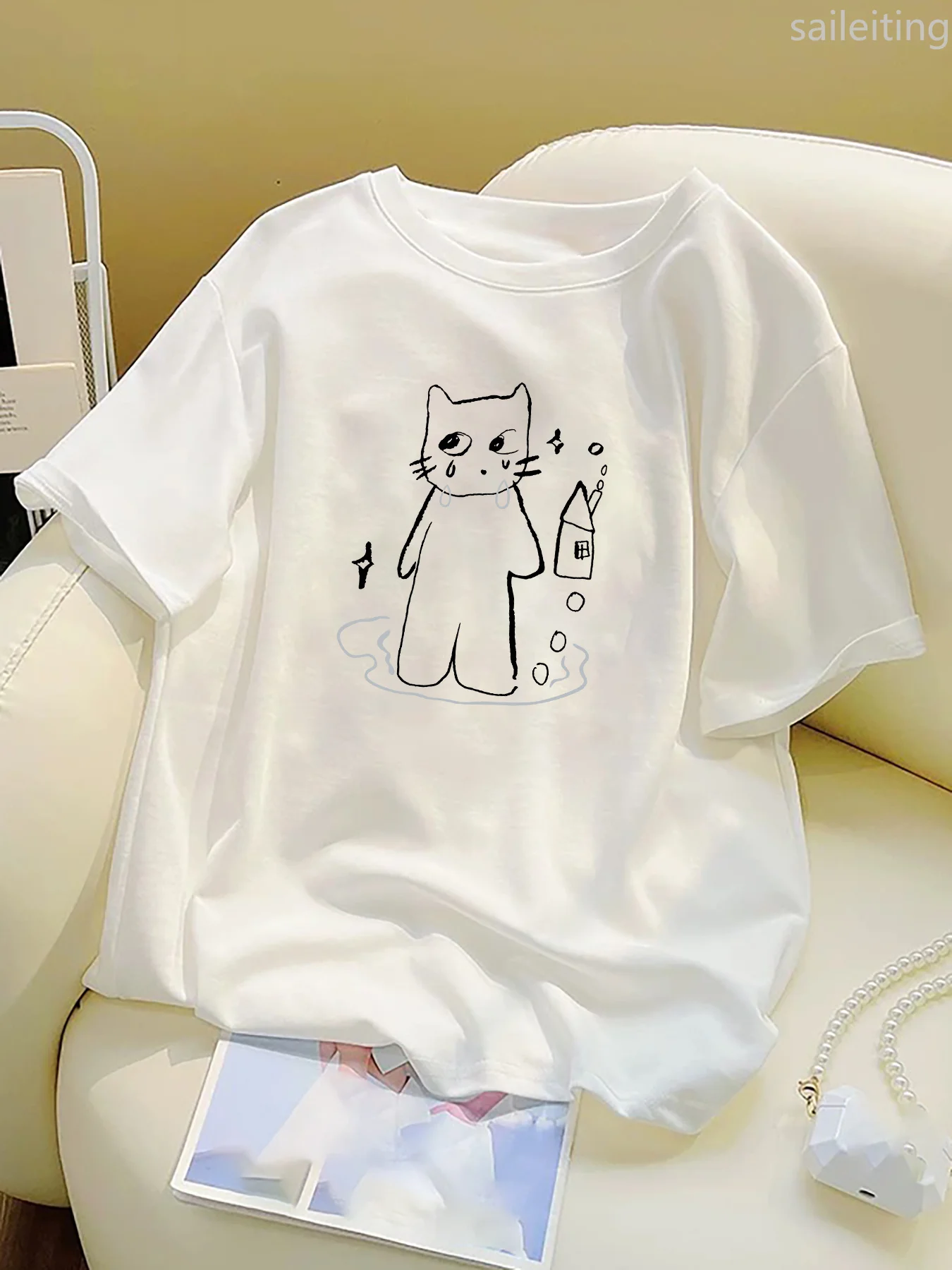 

Inspired White Cat Graphic T-Shirt for Women Casual Summer Short Sleeve Tee with Playful Cat & Mouse Design Aesthetic Clothes