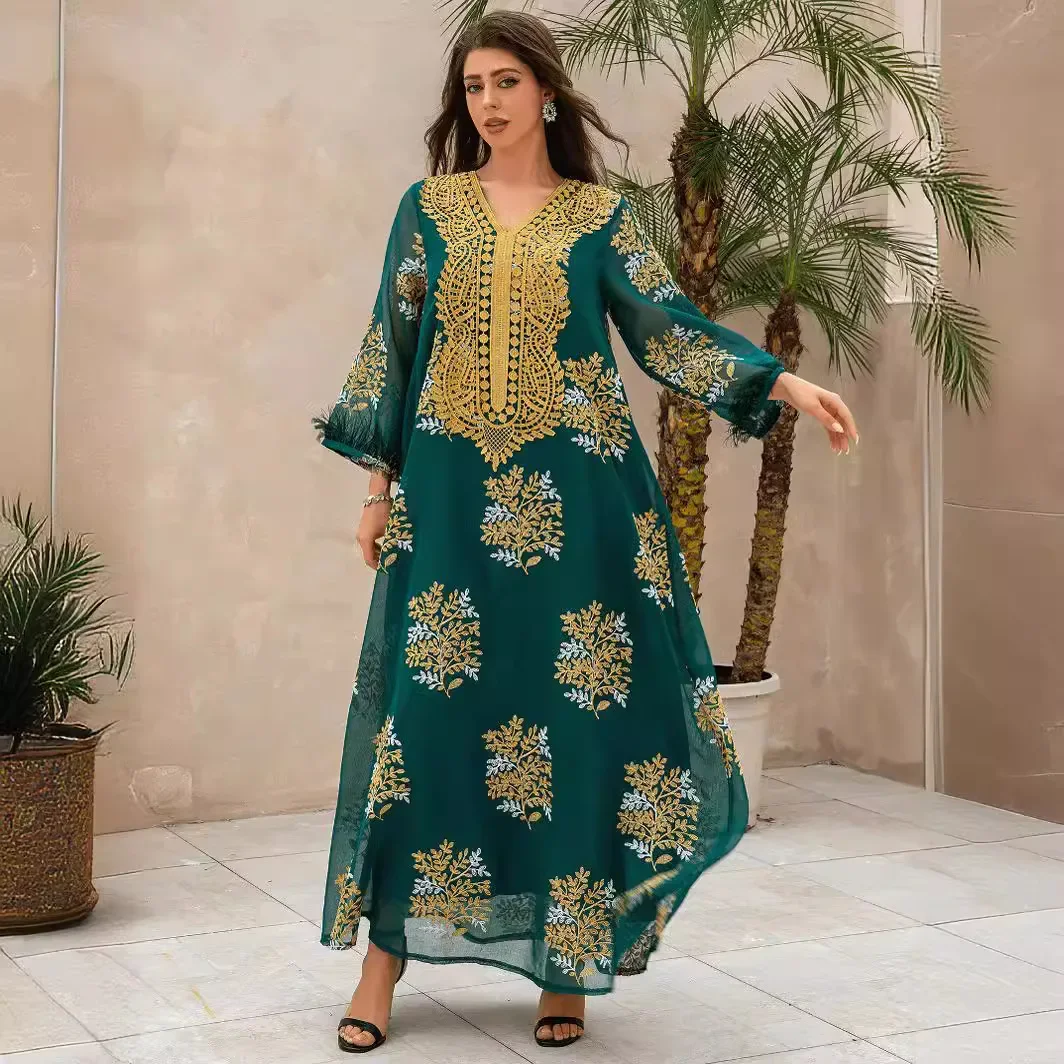 UNI Eid Ramadan Muslim Party Dress for Women Feather Sequins Long Sleeve Vestidos Largo Kaftans Abaya Evening Dresses Dubai 2024