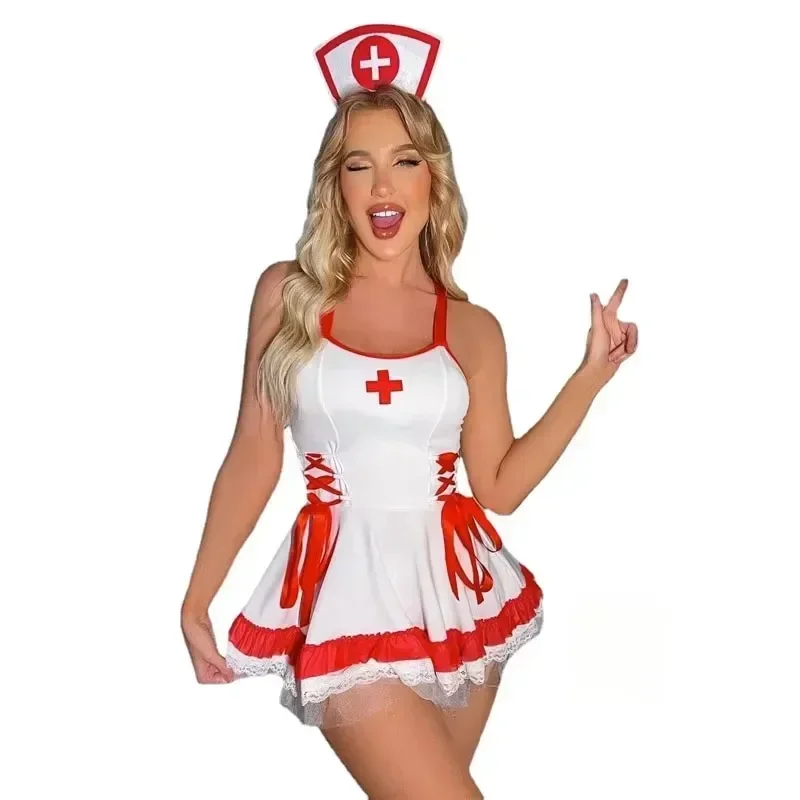 Sexy Set Lingerie Kanten Hemdje Korte Rok Rollenspel Verpleegster Sex Uniform Wit COS Verpleegster Uniform Sexy Lingerie Dames Jurken
