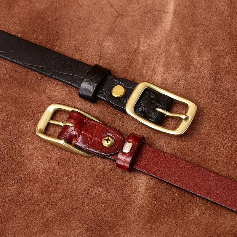 Versatile decorative fine women's belt leather top layer embossed for women